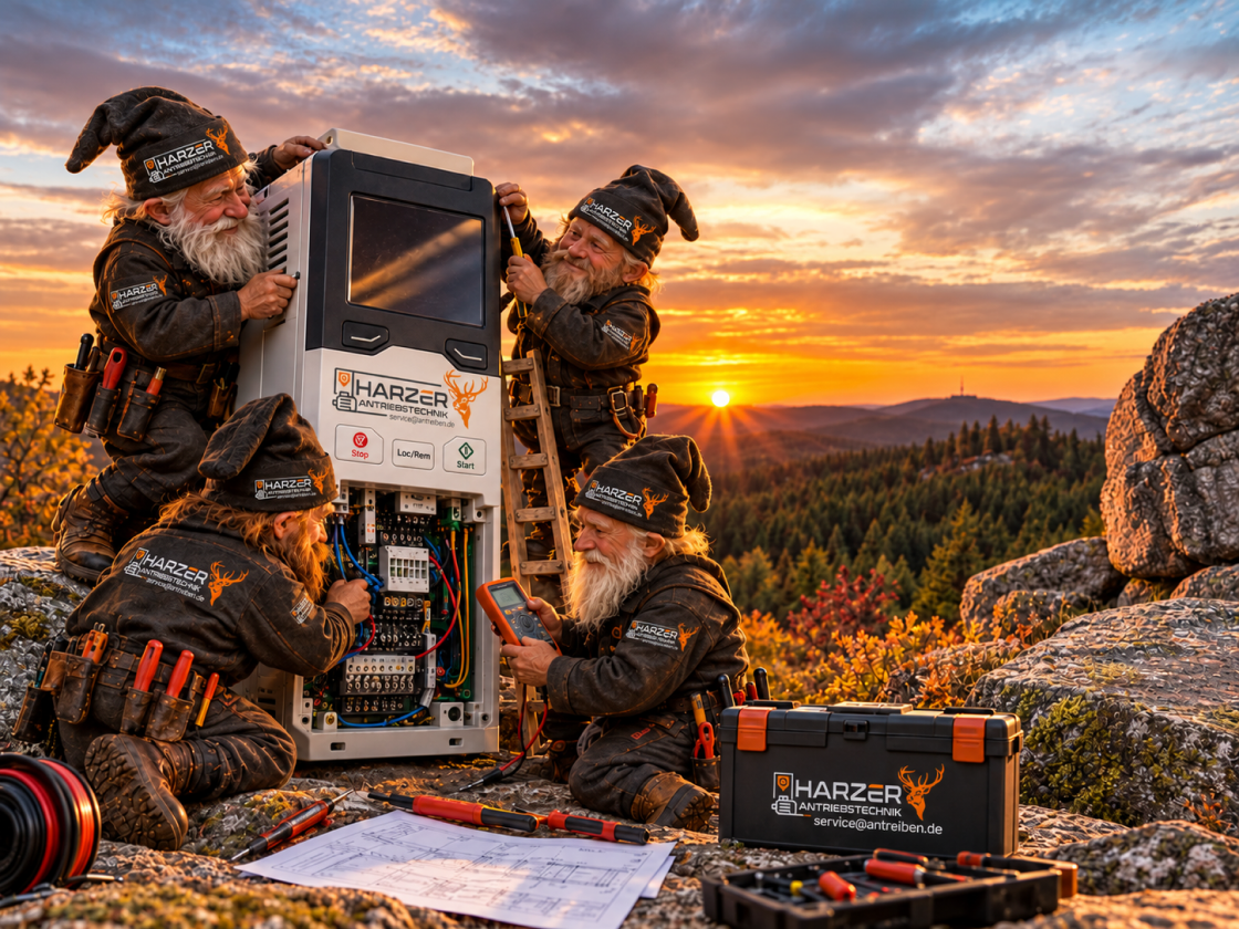 Illustration: vier Harzer Zwerge in Arbeitskleidung arbeiten an einem Frequenzumrichter, im Hintergrund Harzlandschaft bei Sonnenuntergang